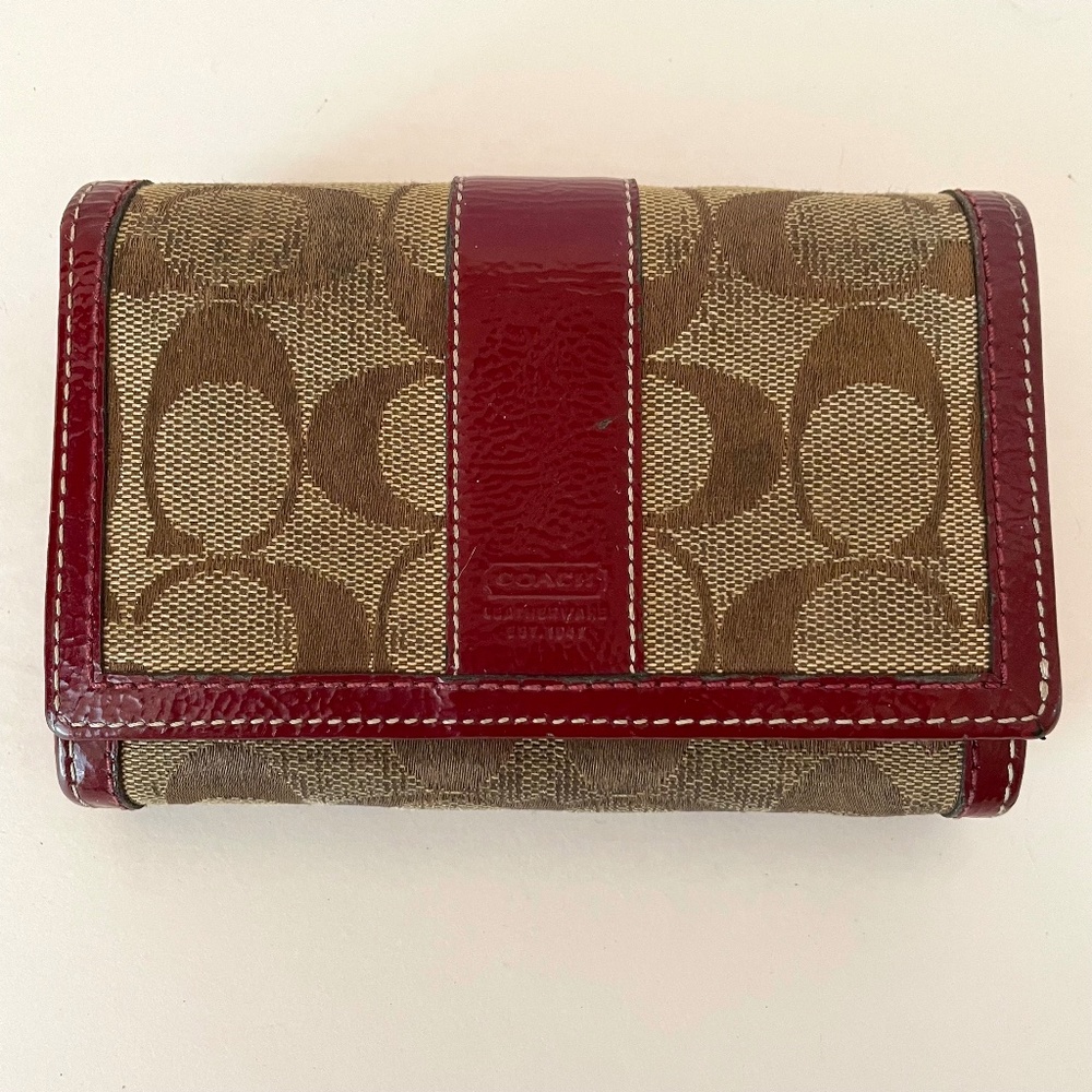 Coach Large Bifold Signature Canvas Burgundy Patent Leather Wallet - Picture 2 of 14